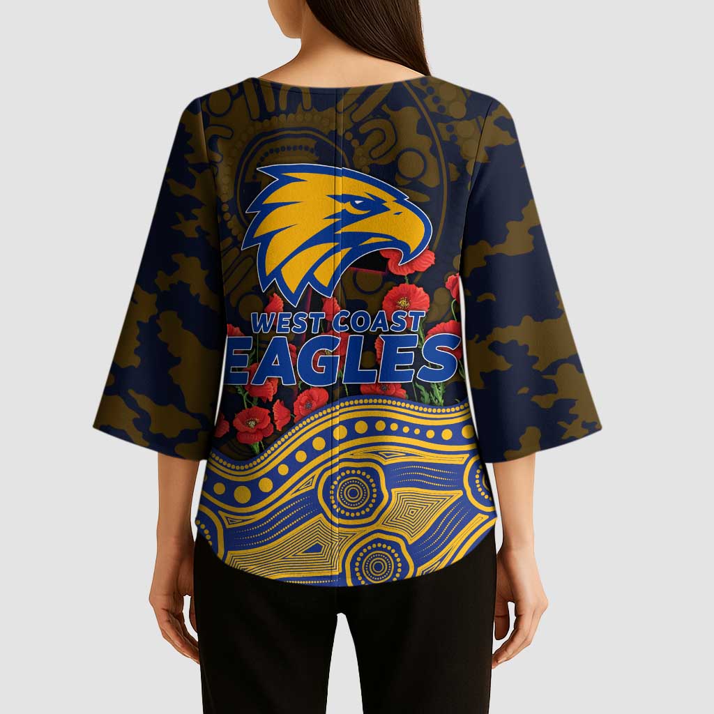 West Coast Eagles ANZAC Day Kimono Sleeve Blouse Indigenous Dot Art with Poppy Flower Tribute