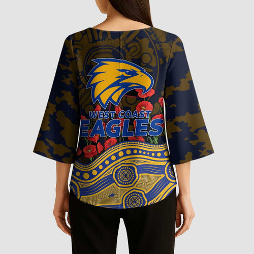 West Coast Eagles ANZAC Day Kimono Sleeve Blouse Indigenous Dot Art with Poppy Flower Tribute