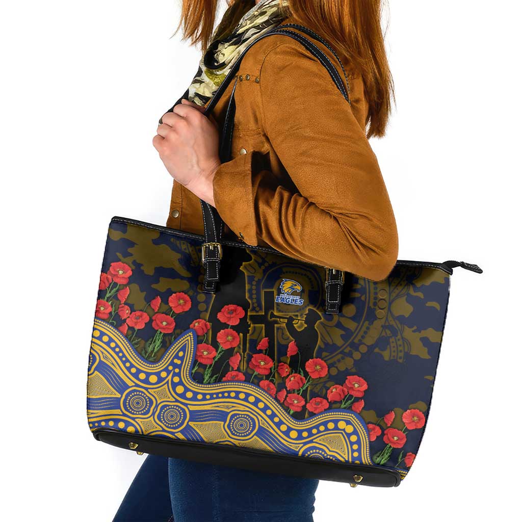 West Coast Eagles ANZAC Day Leather Tote Bag Indigenous Dot Art with Poppy Flower Tribute