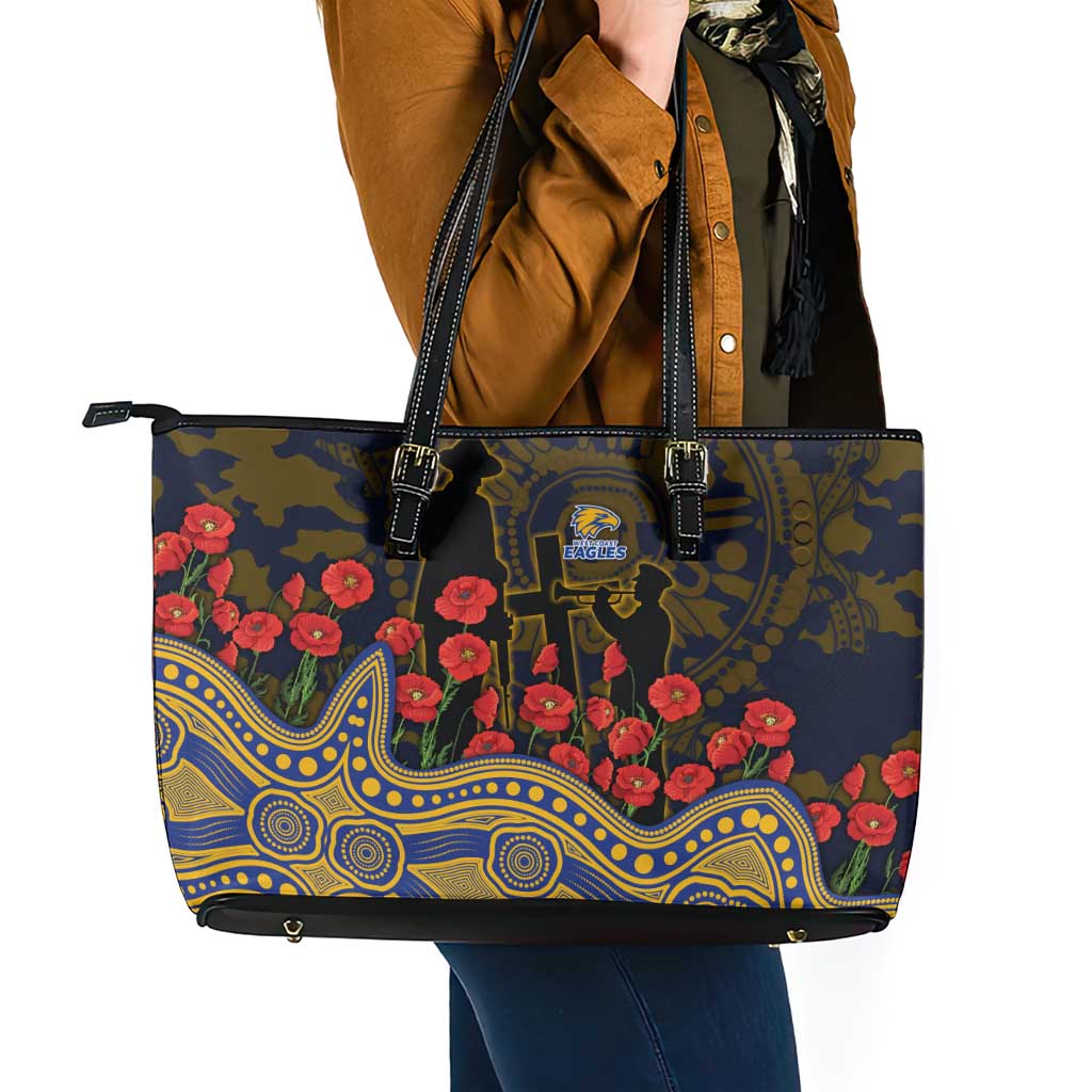 West Coast Eagles ANZAC Day Leather Tote Bag Indigenous Dot Art with Poppy Flower Tribute