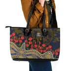 West Coast Eagles ANZAC Day Leather Tote Bag Indigenous Dot Art with Poppy Flower Tribute
