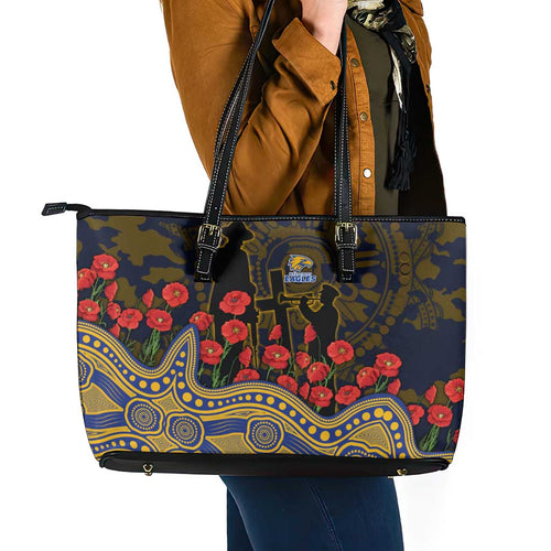 West Coast Eagles ANZAC Day Leather Tote Bag Indigenous Dot Art with Poppy Flower Tribute