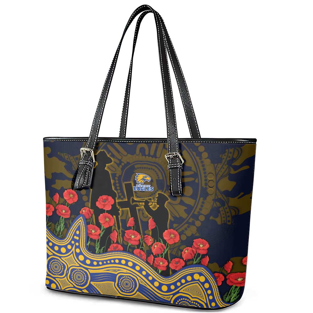 West Coast Eagles ANZAC Day Leather Tote Bag Indigenous Dot Art with Poppy Flower Tribute