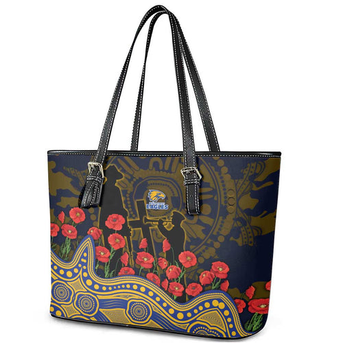 West Coast Eagles ANZAC Day Leather Tote Bag Indigenous Dot Art with Poppy Flower Tribute