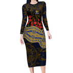 West Coast Eagles ANZAC Day Long Sleeve Bodycon Dress Indigenous Dot Art with Poppy Flower Tribute
