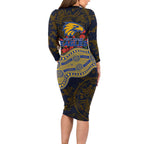 West Coast Eagles ANZAC Day Long Sleeve Bodycon Dress Indigenous Dot Art with Poppy Flower Tribute