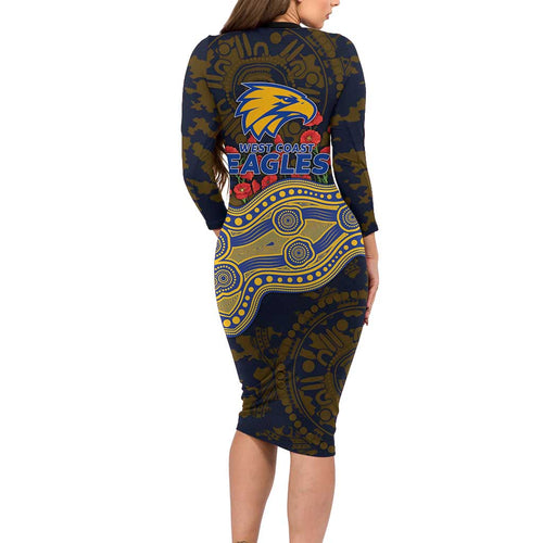 West Coast Eagles ANZAC Day Long Sleeve Bodycon Dress Indigenous Dot Art with Poppy Flower Tribute