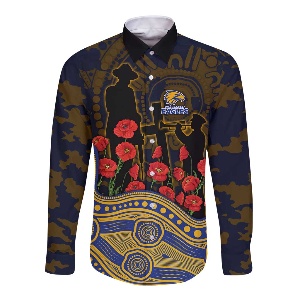 West Coast Eagles ANZAC Day Long Sleeve Button Shirt Indigenous Dot Art with Poppy Flower Tribute