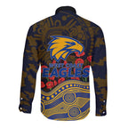 West Coast Eagles ANZAC Day Long Sleeve Button Shirt Indigenous Dot Art with Poppy Flower Tribute