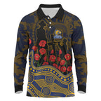 West Coast Eagles ANZAC Day Long Sleeve Polo Shirt Indigenous Dot Art with Poppy Flower Tribute