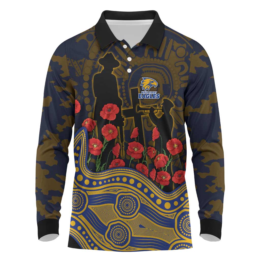 West Coast Eagles ANZAC Day Long Sleeve Polo Shirt Indigenous Dot Art with Poppy Flower Tribute