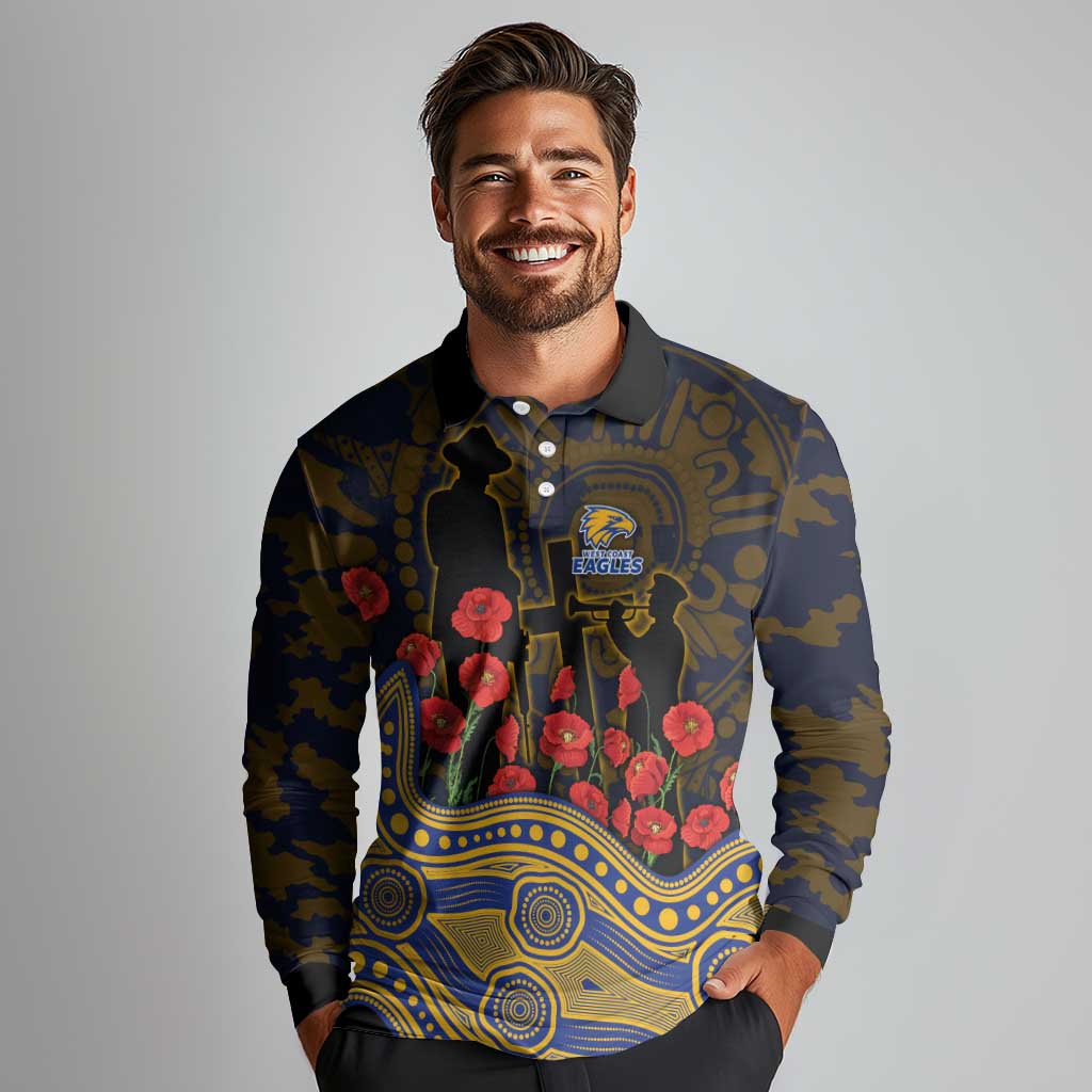 West Coast Eagles ANZAC Day Long Sleeve Polo Shirt Indigenous Dot Art with Poppy Flower Tribute