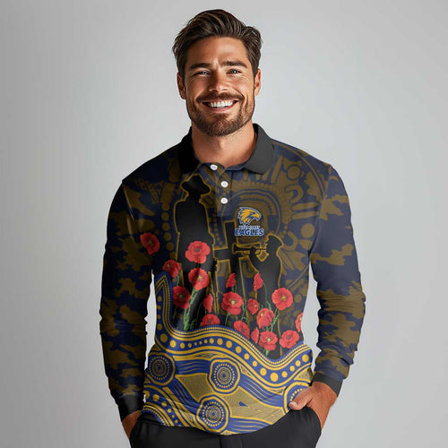 West Coast Eagles ANZAC Day Long Sleeve Polo Shirt Indigenous Dot Art with Poppy Flower Tribute