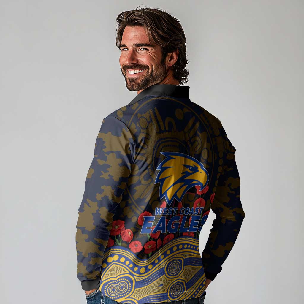 West Coast Eagles ANZAC Day Long Sleeve Polo Shirt Indigenous Dot Art with Poppy Flower Tribute