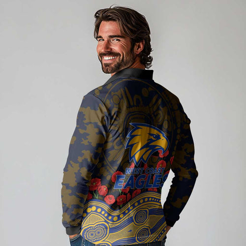 West Coast Eagles ANZAC Day Long Sleeve Polo Shirt Indigenous Dot Art with Poppy Flower Tribute