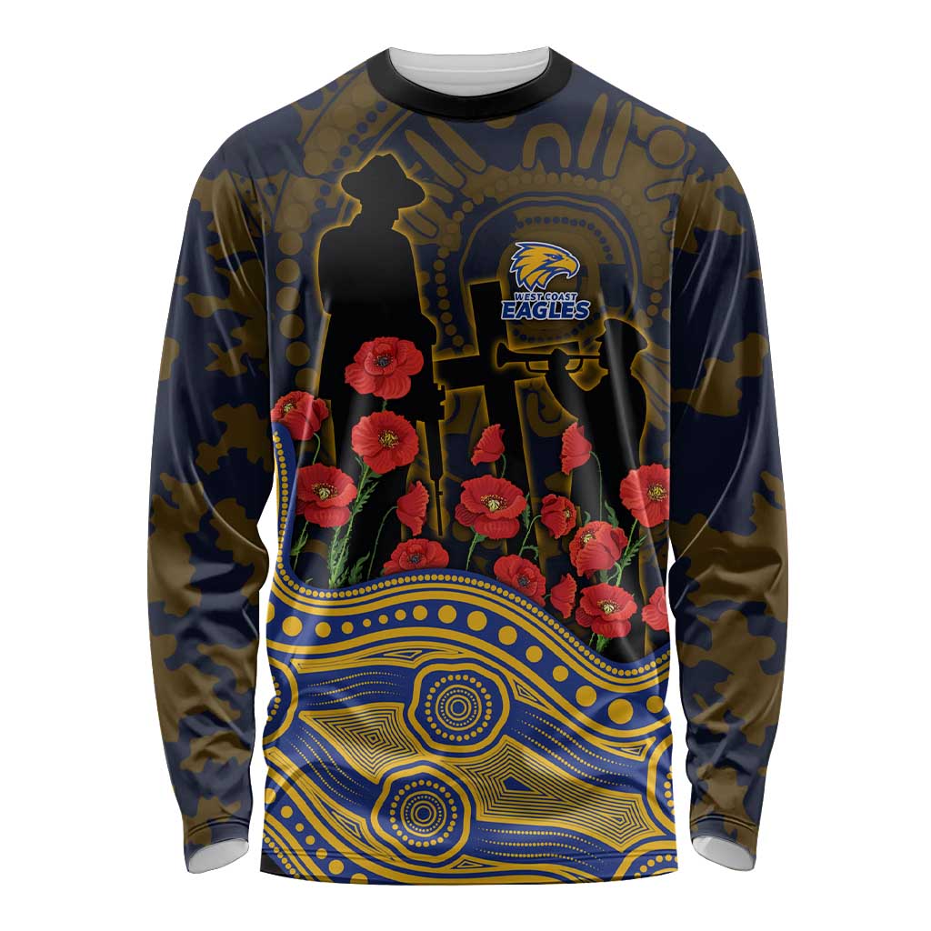 West Coast Eagles ANZAC Day Long Sleeve Shirt Indigenous Dot Art with Poppy Flower Tribute