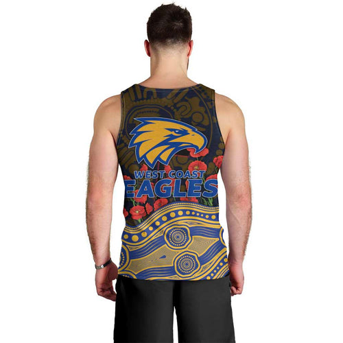 West Coast Eagles ANZAC Day Men Tank Top Indigenous Dot Art with Poppy Flower Tribute