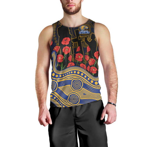 West Coast Eagles ANZAC Day Men Tank Top Indigenous Dot Art with Poppy Flower Tribute
