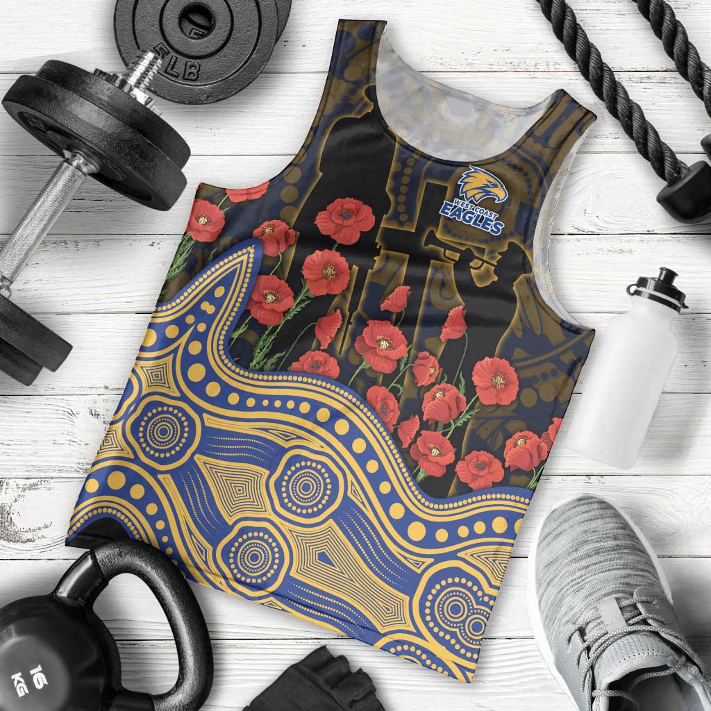 West Coast Eagles ANZAC Day Men Tank Top Indigenous Dot Art with Poppy Flower Tribute