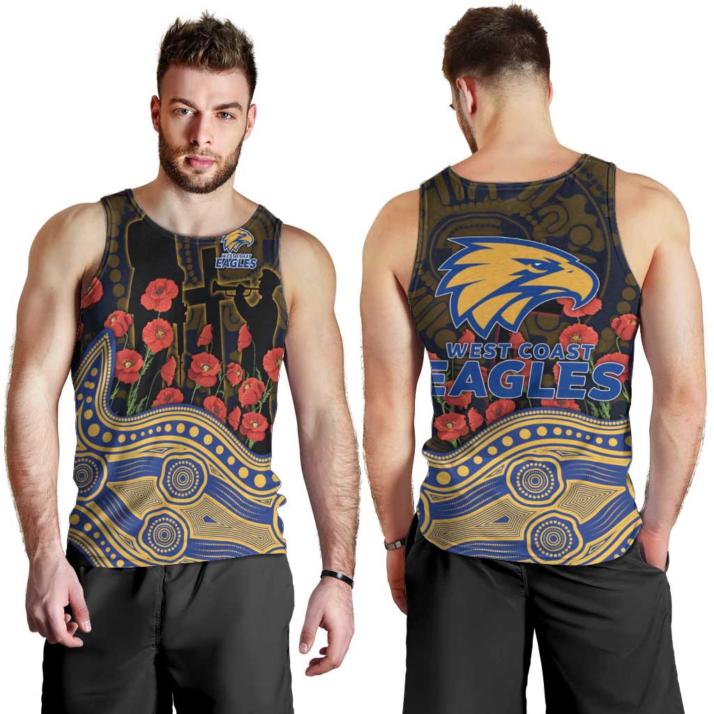 West Coast Eagles ANZAC Day Men Tank Top Indigenous Dot Art with Poppy Flower Tribute