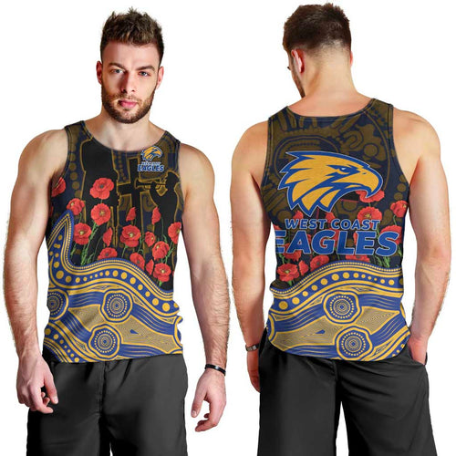 West Coast Eagles ANZAC Day Men Tank Top Indigenous Dot Art with Poppy Flower Tribute