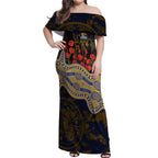 West Coast Eagles ANZAC Day Off Shoulder Maxi Dress Indigenous Dot Art with Poppy Flower Tribute