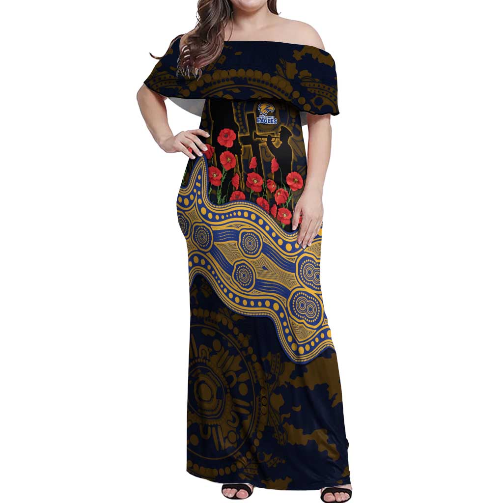 West Coast Eagles ANZAC Day Off Shoulder Maxi Dress Indigenous Dot Art with Poppy Flower Tribute