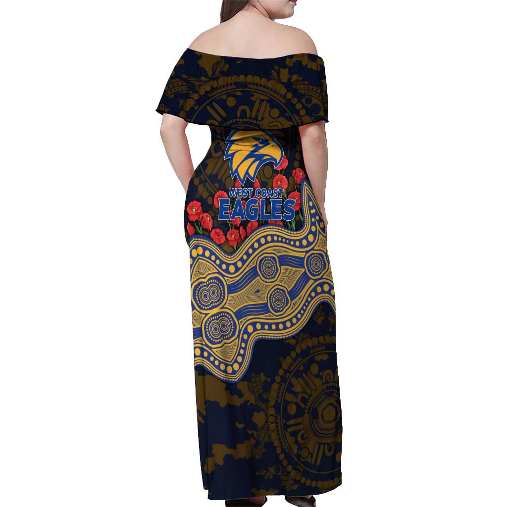 West Coast Eagles ANZAC Day Off Shoulder Maxi Dress Indigenous Dot Art with Poppy Flower Tribute