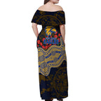 West Coast Eagles ANZAC Day Off Shoulder Maxi Dress Indigenous Dot Art with Poppy Flower Tribute