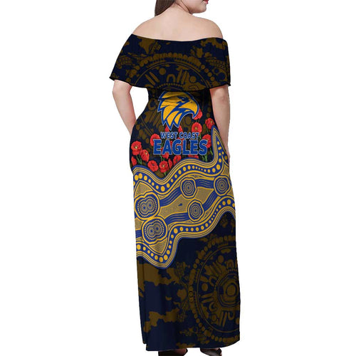 West Coast Eagles ANZAC Day Off Shoulder Maxi Dress Indigenous Dot Art with Poppy Flower Tribute