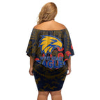 West Coast Eagles ANZAC Day Off Shoulder Short Dress Indigenous Dot Art with Poppy Flower Tribute
