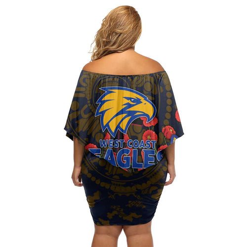 West Coast Eagles ANZAC Day Off Shoulder Short Dress Indigenous Dot Art with Poppy Flower Tribute