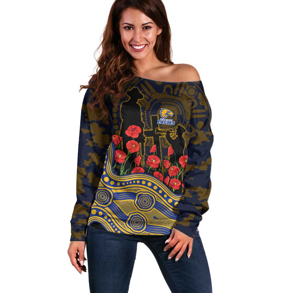 West Coast Eagles ANZAC Day Off Shoulder Sweater Indigenous Dot Art with Poppy Flower Tribute