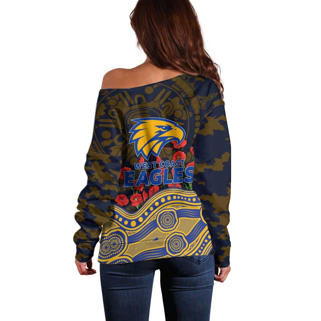 West Coast Eagles ANZAC Day Off Shoulder Sweater Indigenous Dot Art with Poppy Flower Tribute