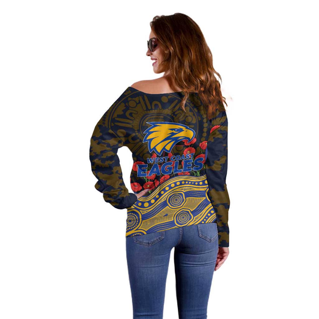 West Coast Eagles ANZAC Day Off Shoulder Sweater Indigenous Dot Art with Poppy Flower Tribute