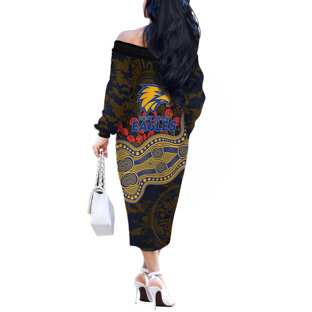 West Coast Eagles ANZAC Day Off The Shoulder Long Sleeve Dress Indigenous Dot Art with Poppy Flower Tribute