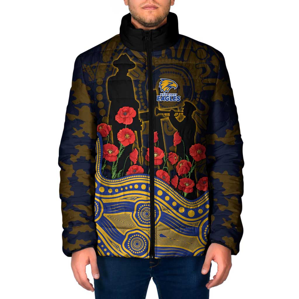 West Coast Eagles ANZAC Day Padded Jacket Indigenous Dot Art with Poppy Flower Tribute