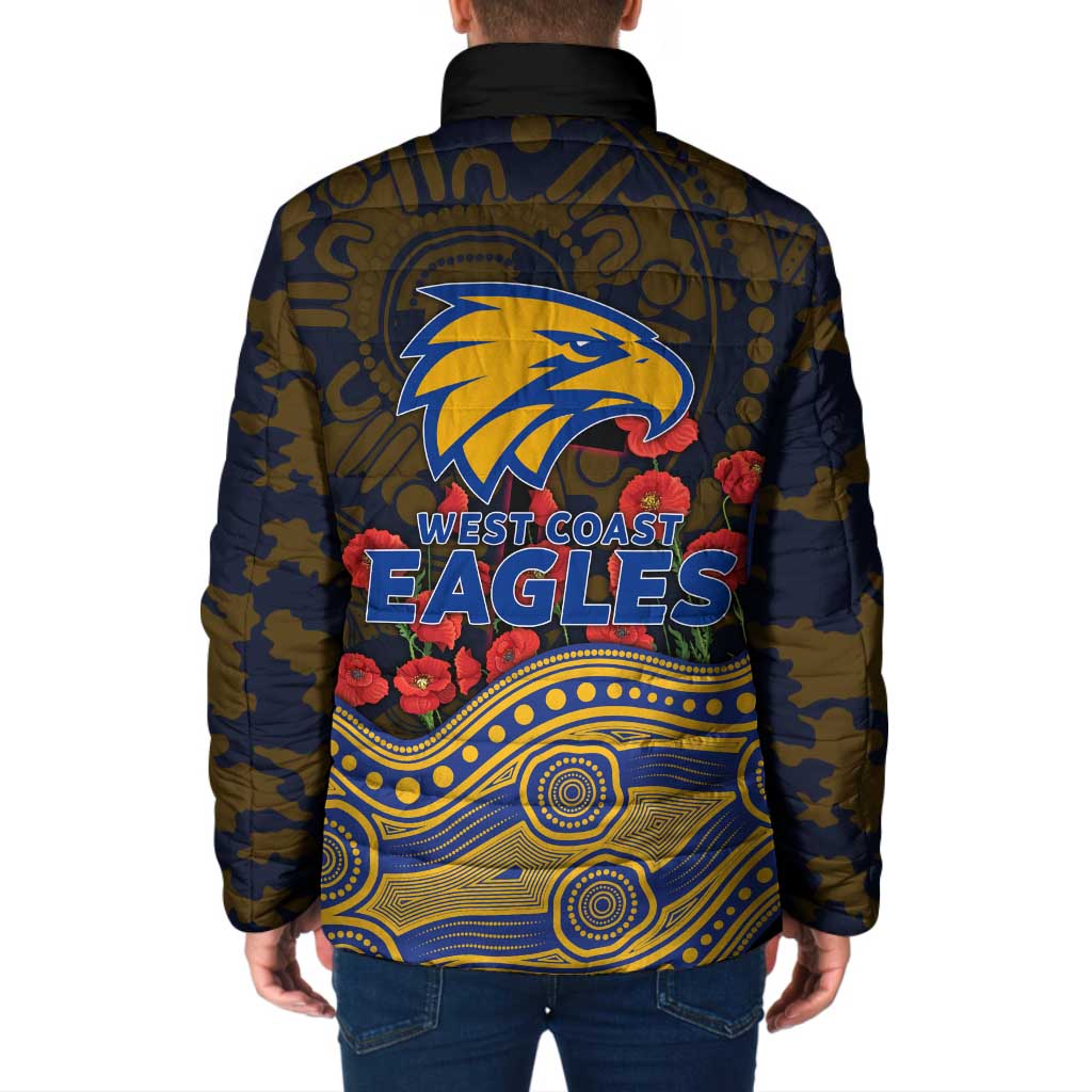 West Coast Eagles ANZAC Day Padded Jacket Indigenous Dot Art with Poppy Flower Tribute