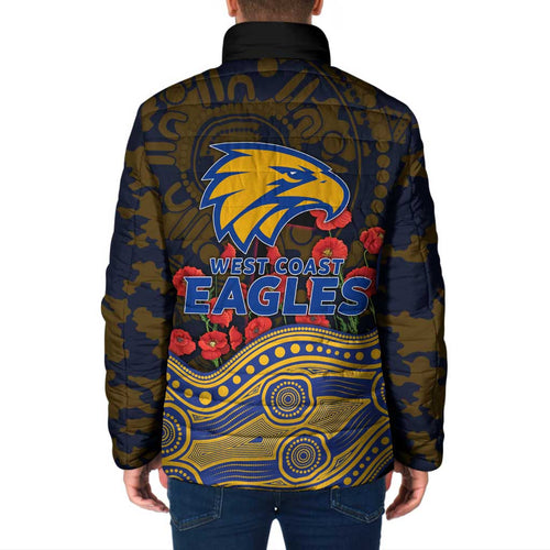 West Coast Eagles ANZAC Day Padded Jacket Indigenous Dot Art with Poppy Flower Tribute
