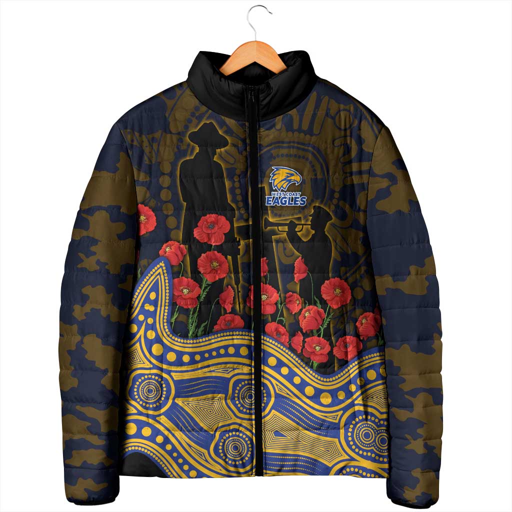 West Coast Eagles ANZAC Day Padded Jacket Indigenous Dot Art with Poppy Flower Tribute
