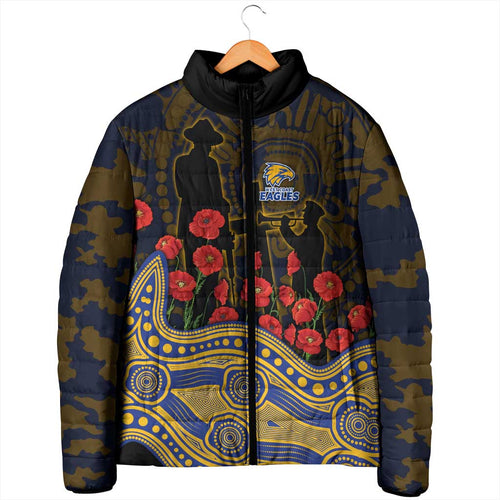 West Coast Eagles ANZAC Day Padded Jacket Indigenous Dot Art with Poppy Flower Tribute