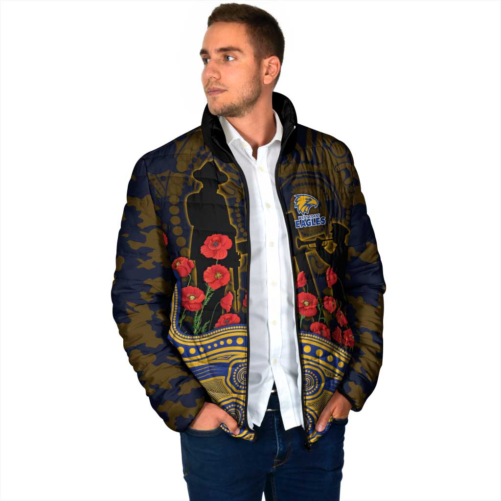 West Coast Eagles ANZAC Day Padded Jacket Indigenous Dot Art with Poppy Flower Tribute
