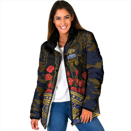 West Coast Eagles ANZAC Day Padded Jacket Indigenous Dot Art with Poppy Flower Tribute