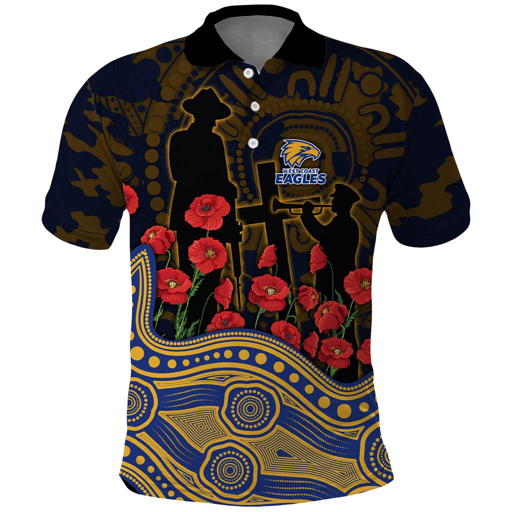 West Coast Eagles ANZAC Day Polo Shirt Indigenous Dot Art with Poppy Flower Tribute