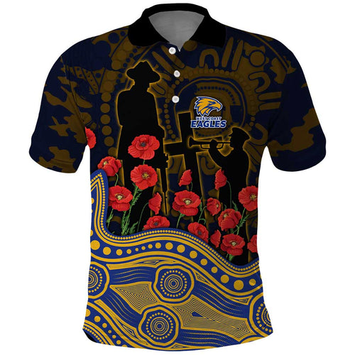 West Coast Eagles ANZAC Day Polo Shirt Indigenous Dot Art with Poppy Flower Tribute