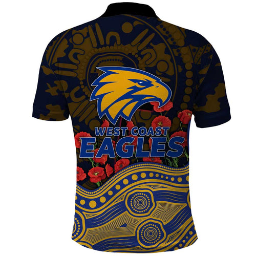 West Coast Eagles ANZAC Day Polo Shirt Indigenous Dot Art with Poppy Flower Tribute
