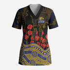 West Coast Eagles ANZAC Day Scrub Top Indigenous Dot Art with Poppy Flower Tribute