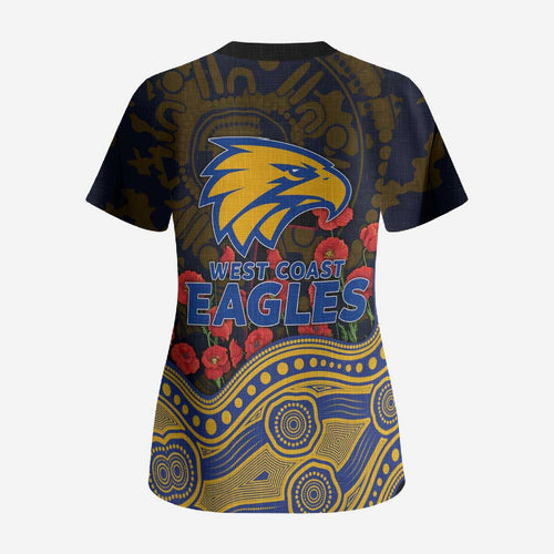 West Coast Eagles ANZAC Day Scrub Top Indigenous Dot Art with Poppy Flower Tribute
