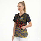 West Coast Eagles ANZAC Day Scrub Top Indigenous Dot Art with Poppy Flower Tribute