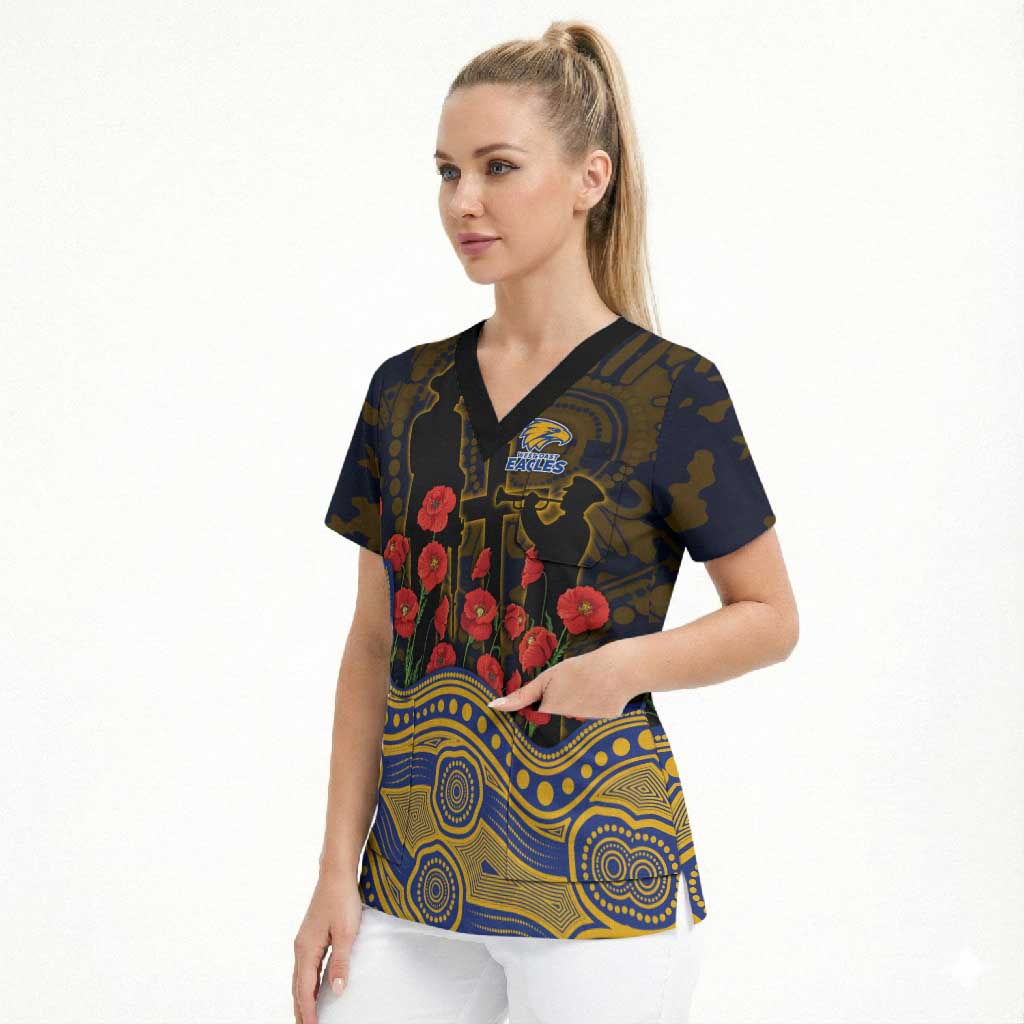 West Coast Eagles ANZAC Day Scrub Top Indigenous Dot Art with Poppy Flower Tribute